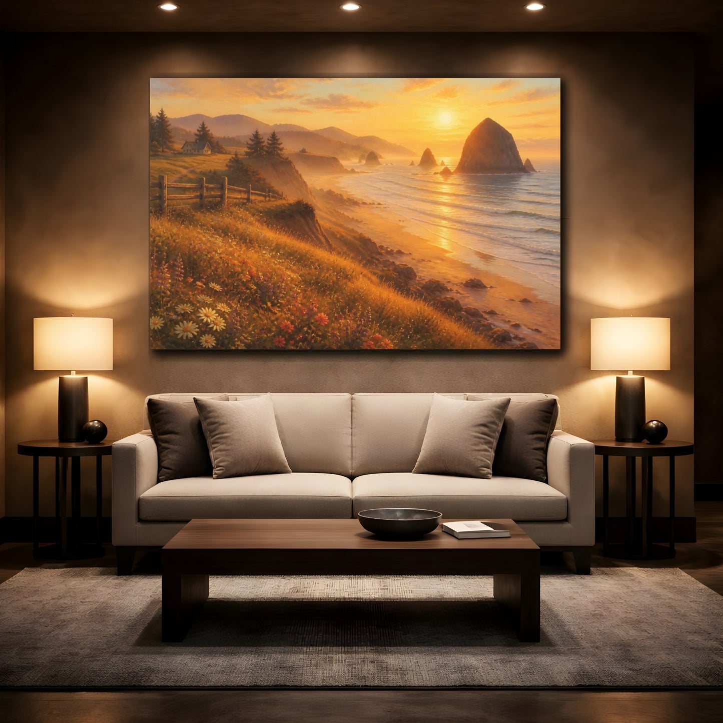 Mockup 2. Sunlit Sea Stack shown as canvas print