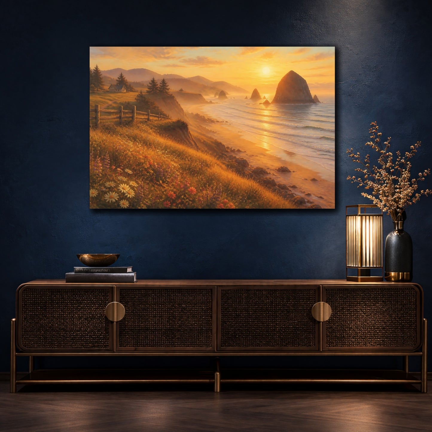 Mockup 4. Sunlit Sea Stack shown as canvas print