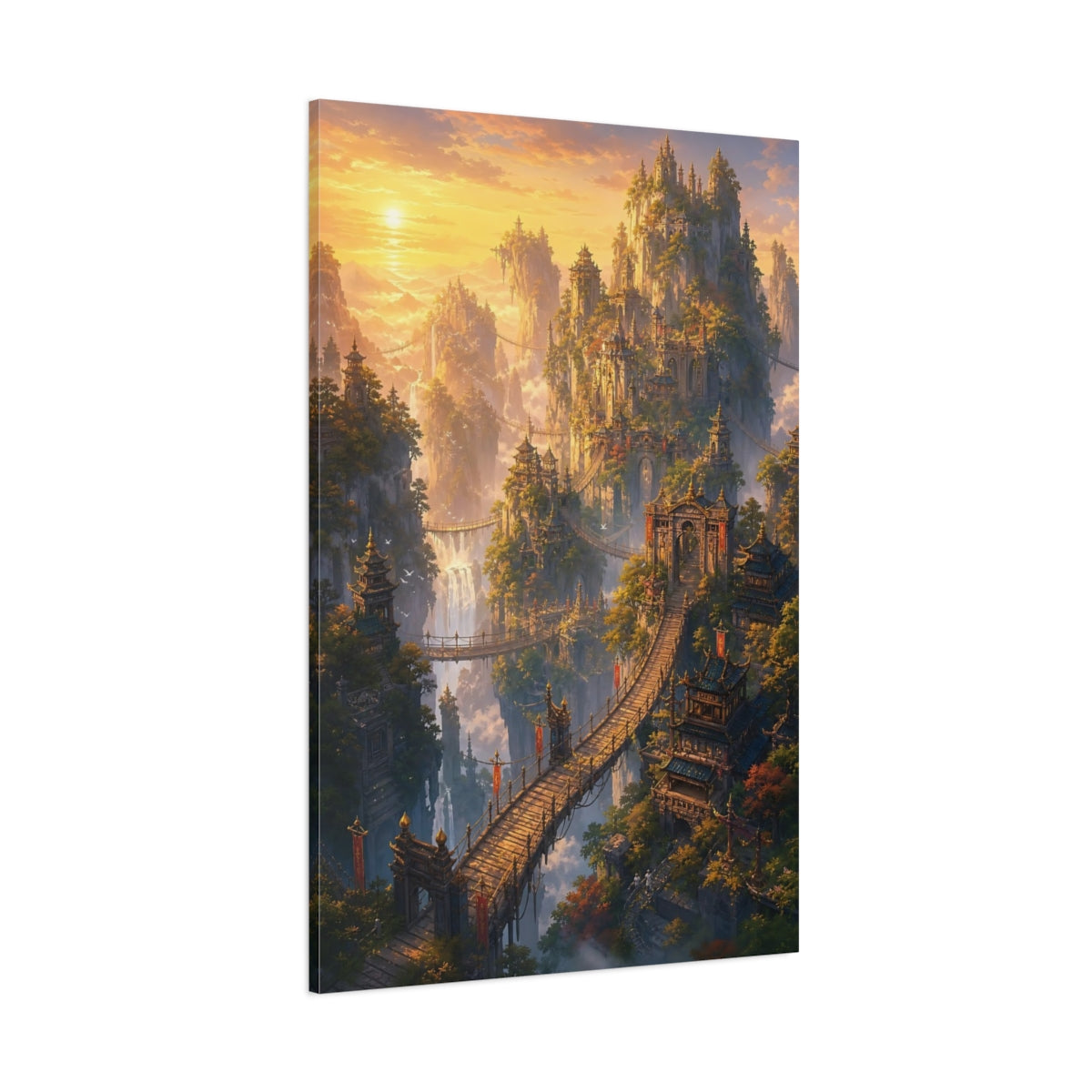 Side Mockup 1. Sunlit Skybridge City shown as canvas print