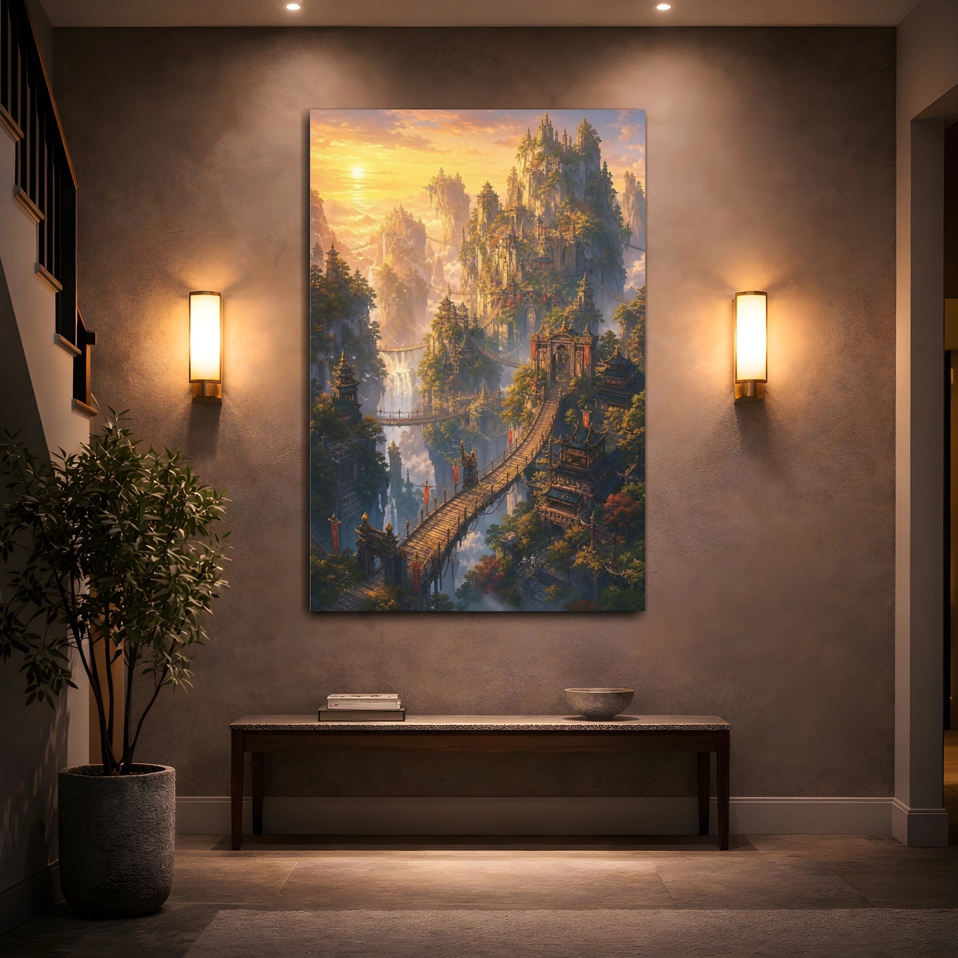 Mockup 2. Sunlit Skybridge City shown as canvas print
