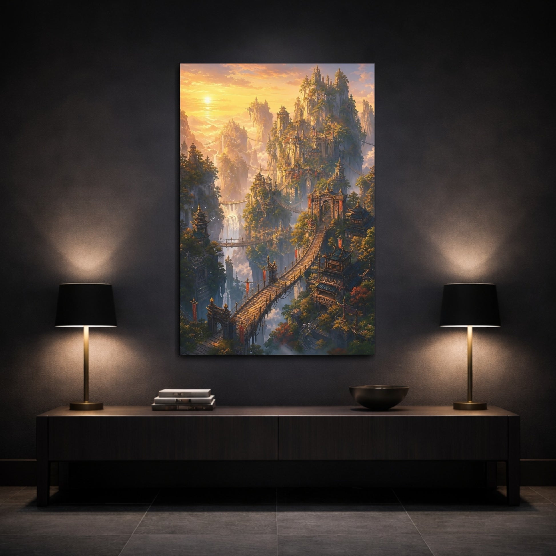 Mockup 3. Sunlit Skybridge City shown as canvas print