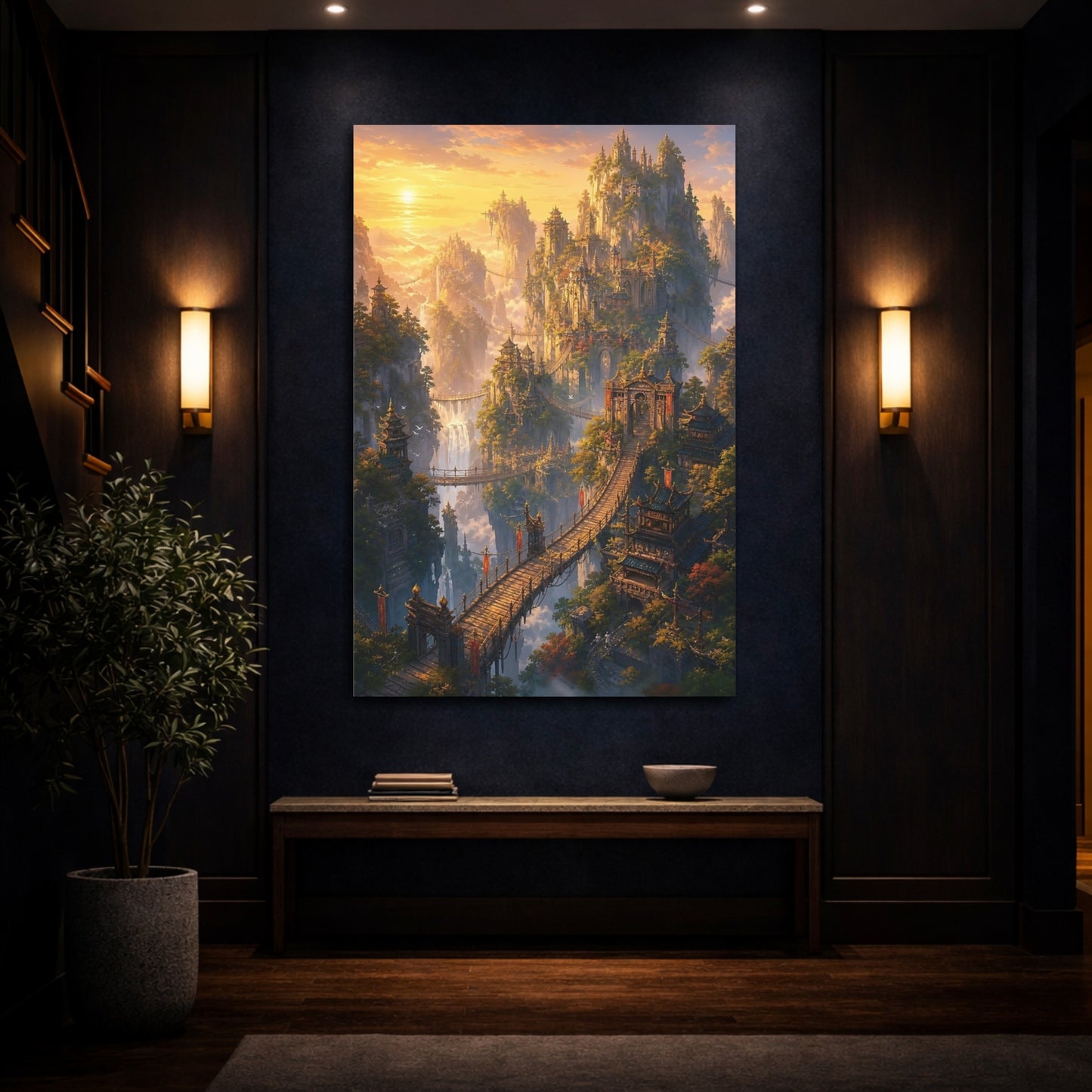 Mockup 4. Sunlit Skybridge City shown as canvas print