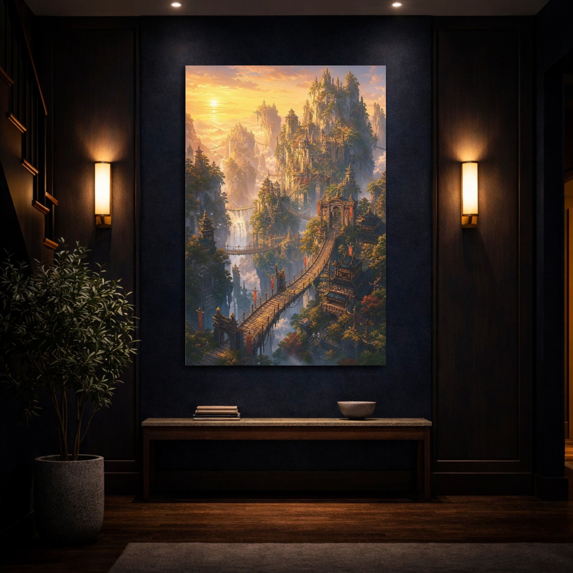 Mockup 4. Sunlit Skybridge City shown as canvas print