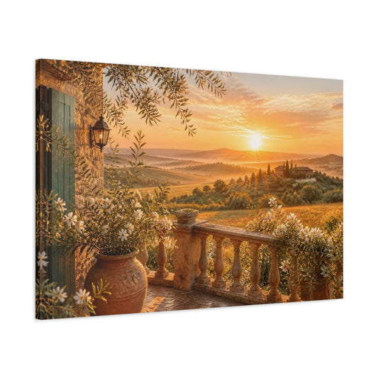 Main Mockup. Sunlit Stone Balcony With Flowers shown as canvas print