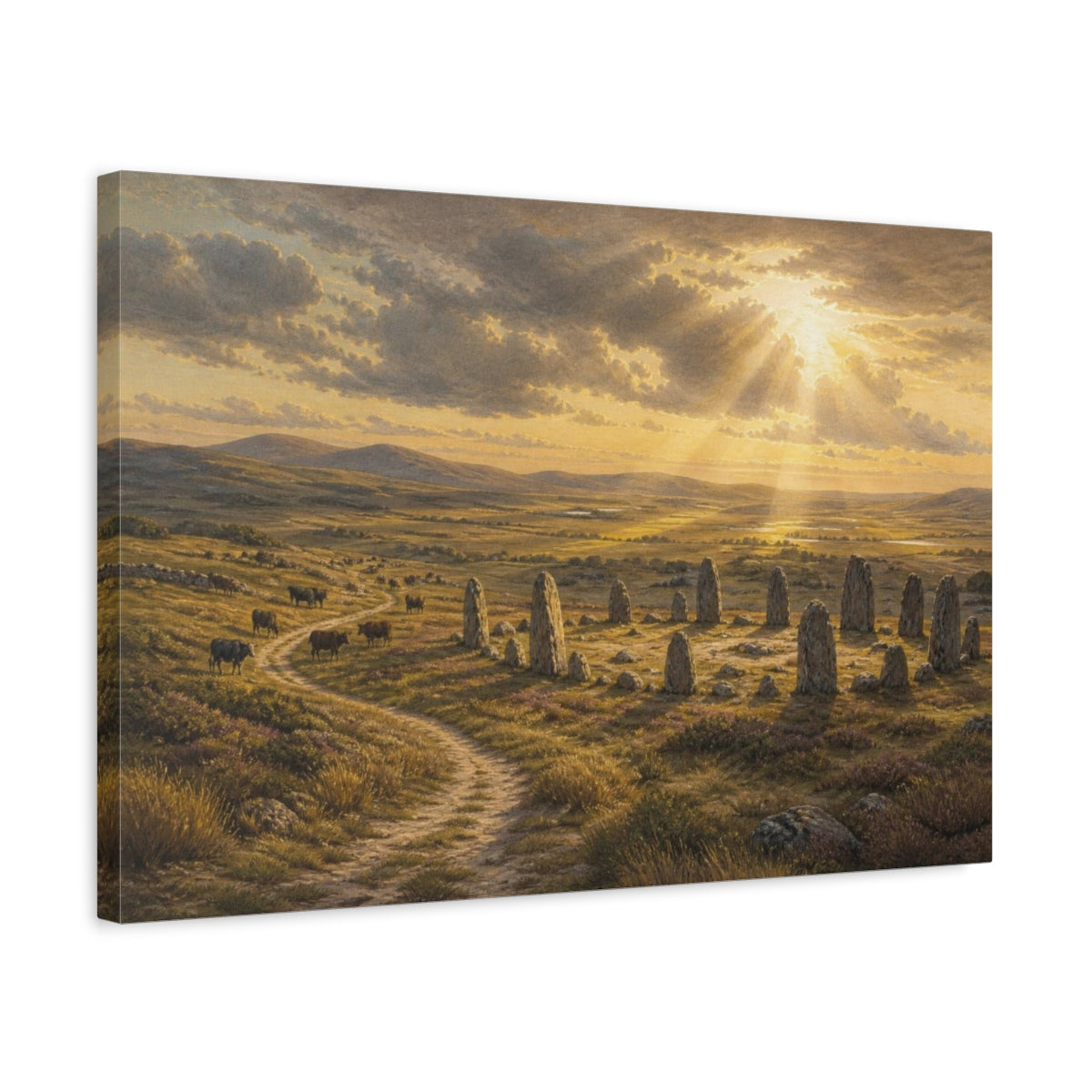 Side Mockup 3. Sunlit Stone Circle shown as canvas print