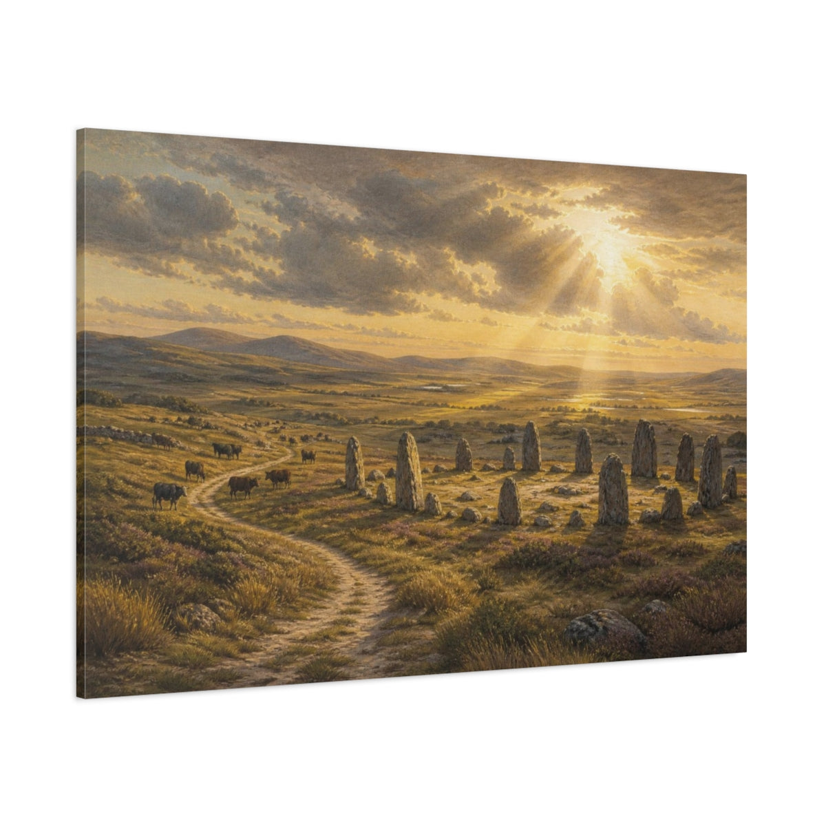 Side Mockup 1. Sunlit Stone Circle shown as canvas print