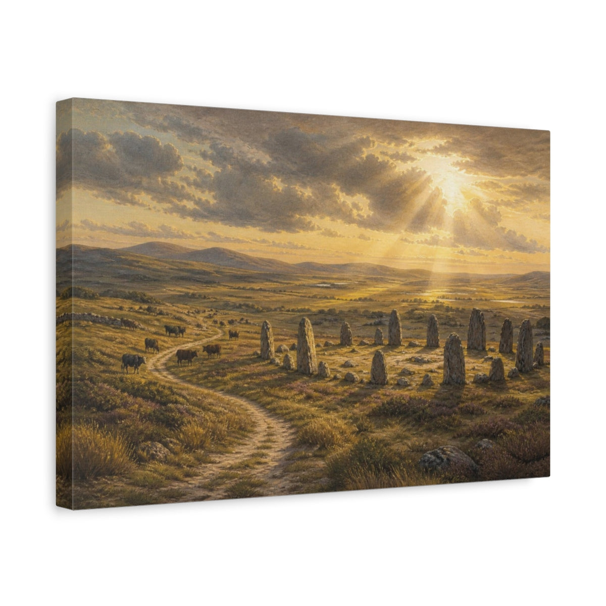 Side Mockup 4. Sunlit Stone Circle shown as canvas print