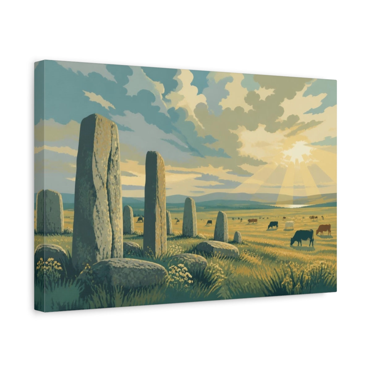 Side Mockup 4. Sunlit Stone Circle shown as canvas print