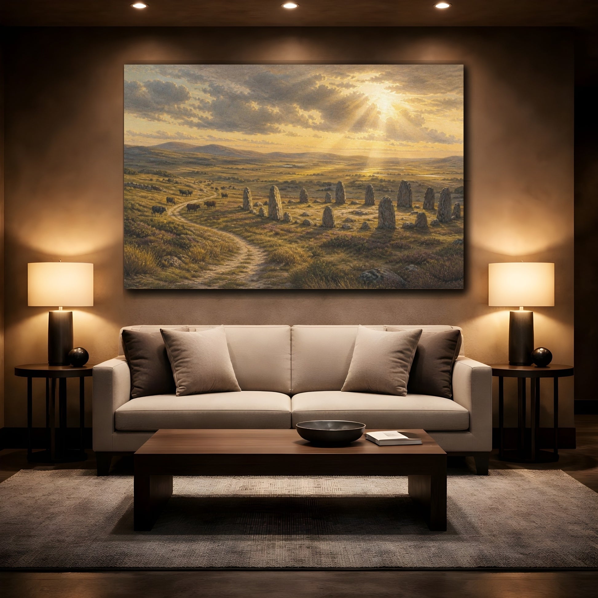 Mockup 2. Sunlit Stone Circle shown as canvas print