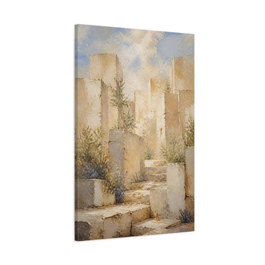 Main Mockup. Sunlit Stone Steps shown as canvas print