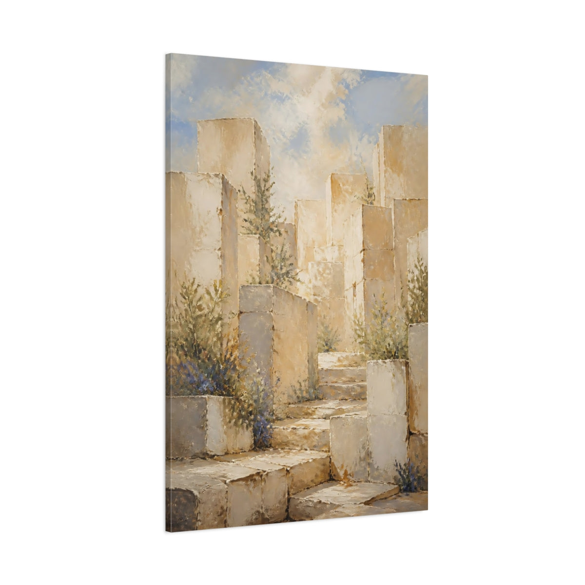 Side Mockup 1. Sunlit Stone Steps shown as canvas print