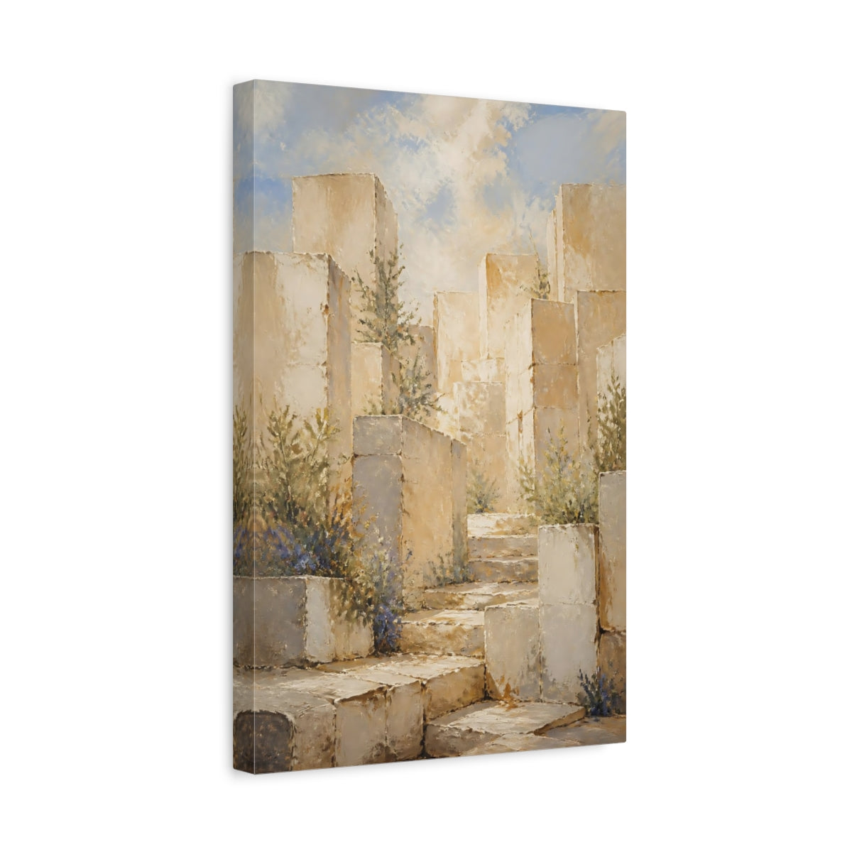 Side Mockup 4. Sunlit Stone Steps shown as canvas print