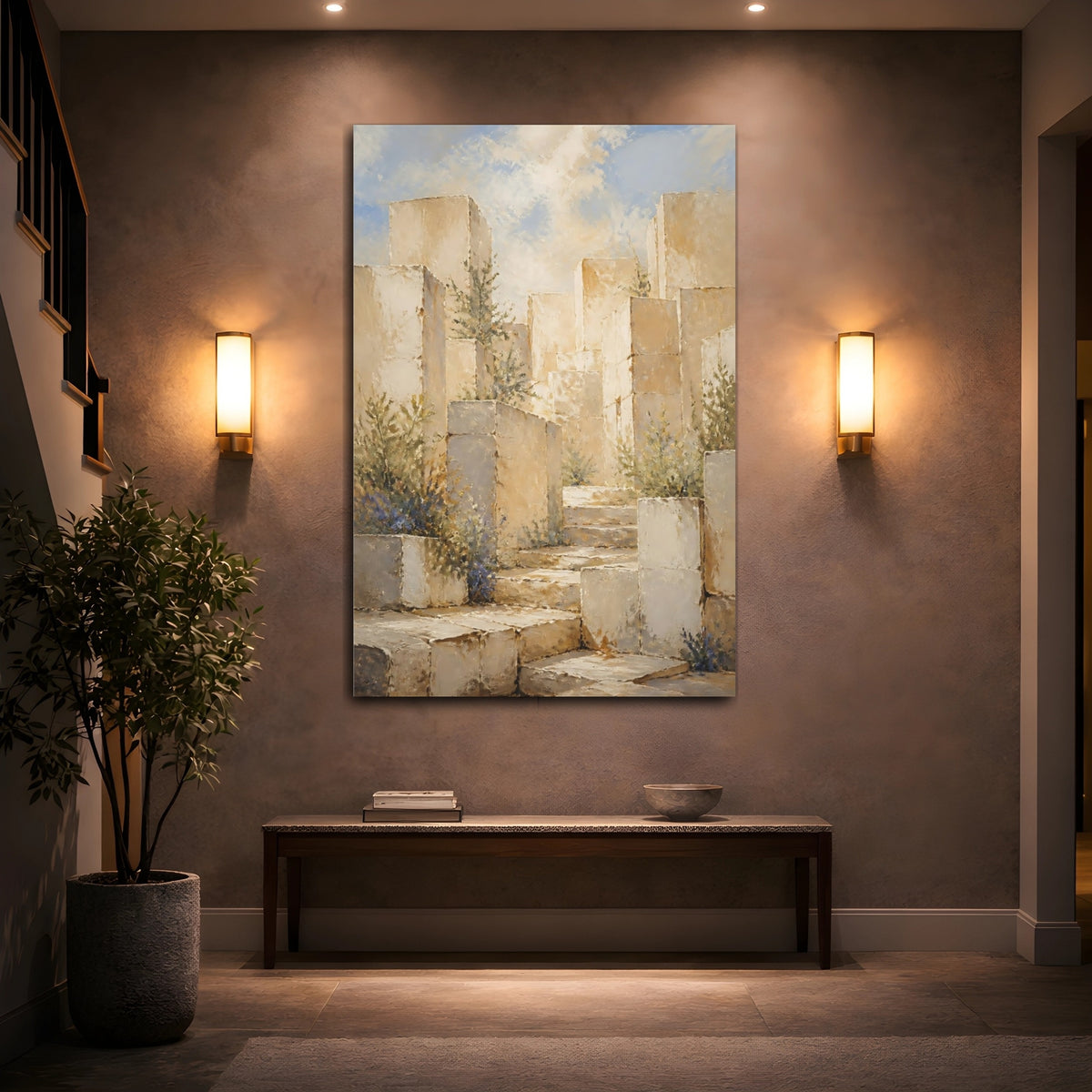 Mockup 2. Sunlit Stone Steps shown as canvas print