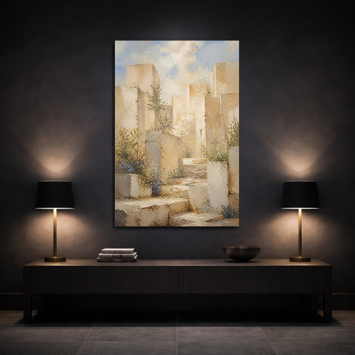 Mockup 3. Sunlit Stone Steps shown as canvas print