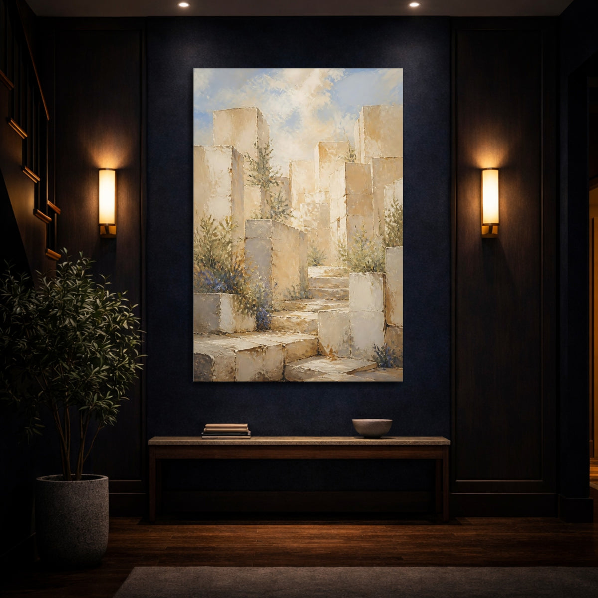 Mockup 4. Sunlit Stone Steps shown as canvas print