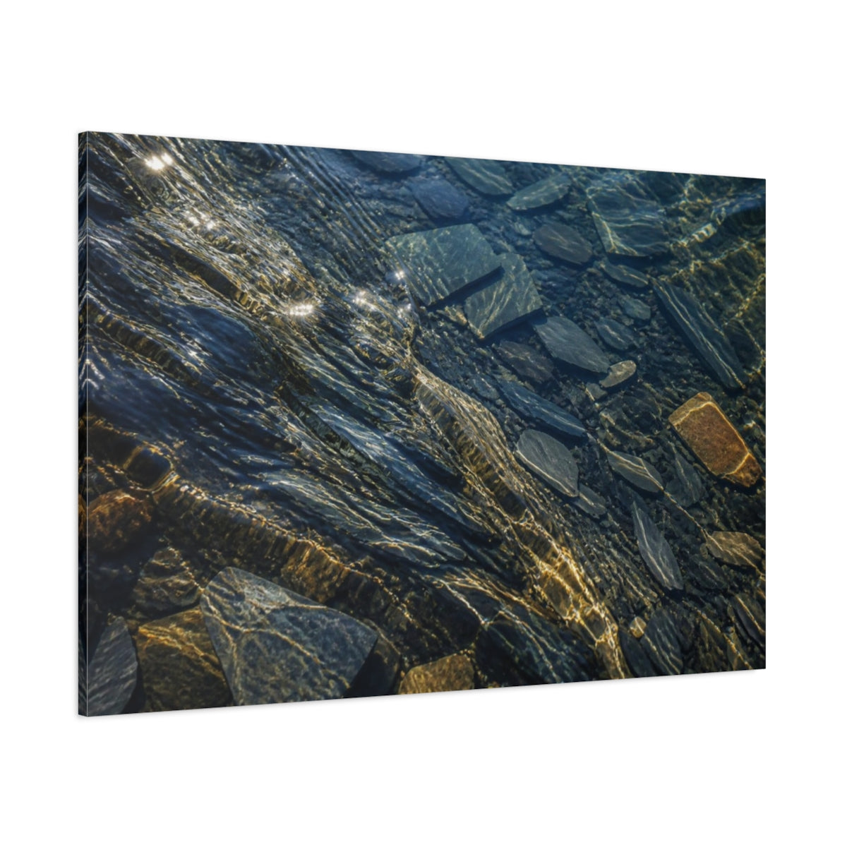 Side Mockup 1. Sunlit Submerged Slate Fragments shown as canvas print