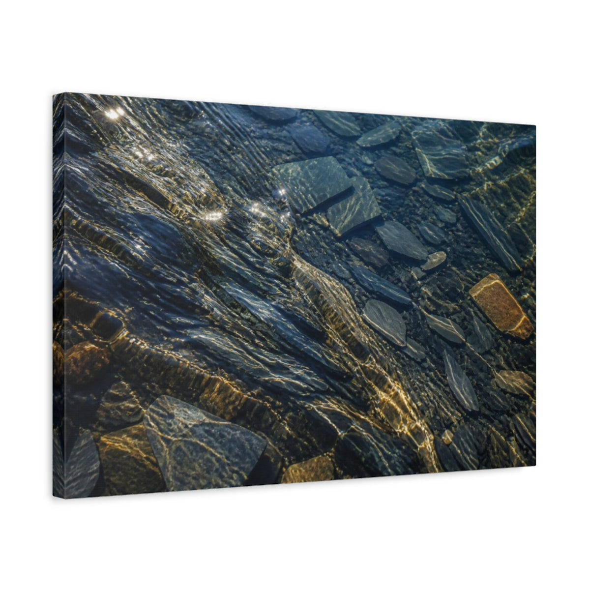 Side Mockup 3. Sunlit Submerged Slate Fragments shown as canvas print