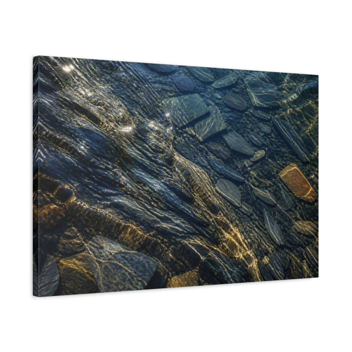 Side Mockup 2. Sunlit Submerged Slate Fragments shown as canvas print