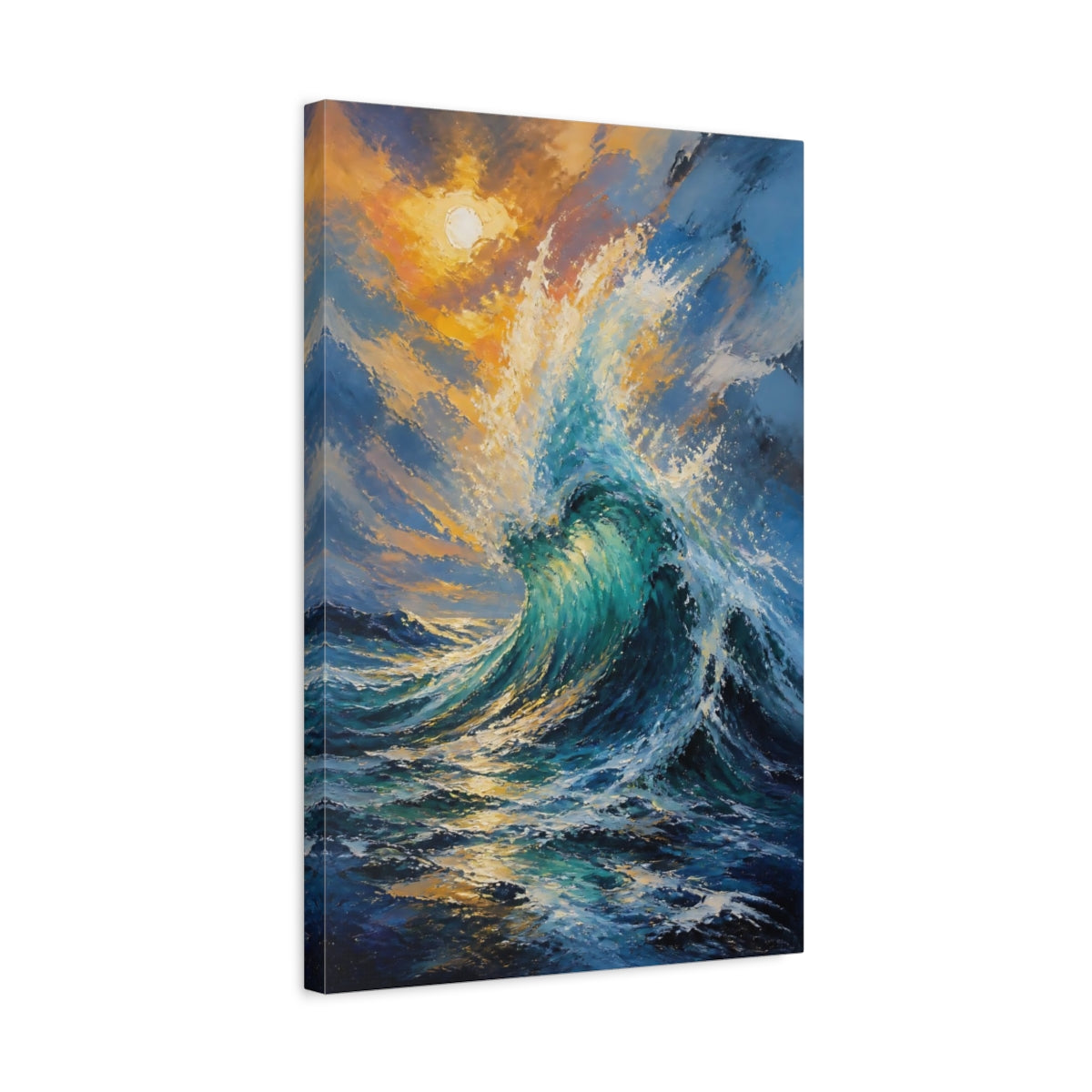 Side Mockup 3. Sunlit Turquoise Wave shown as canvas print