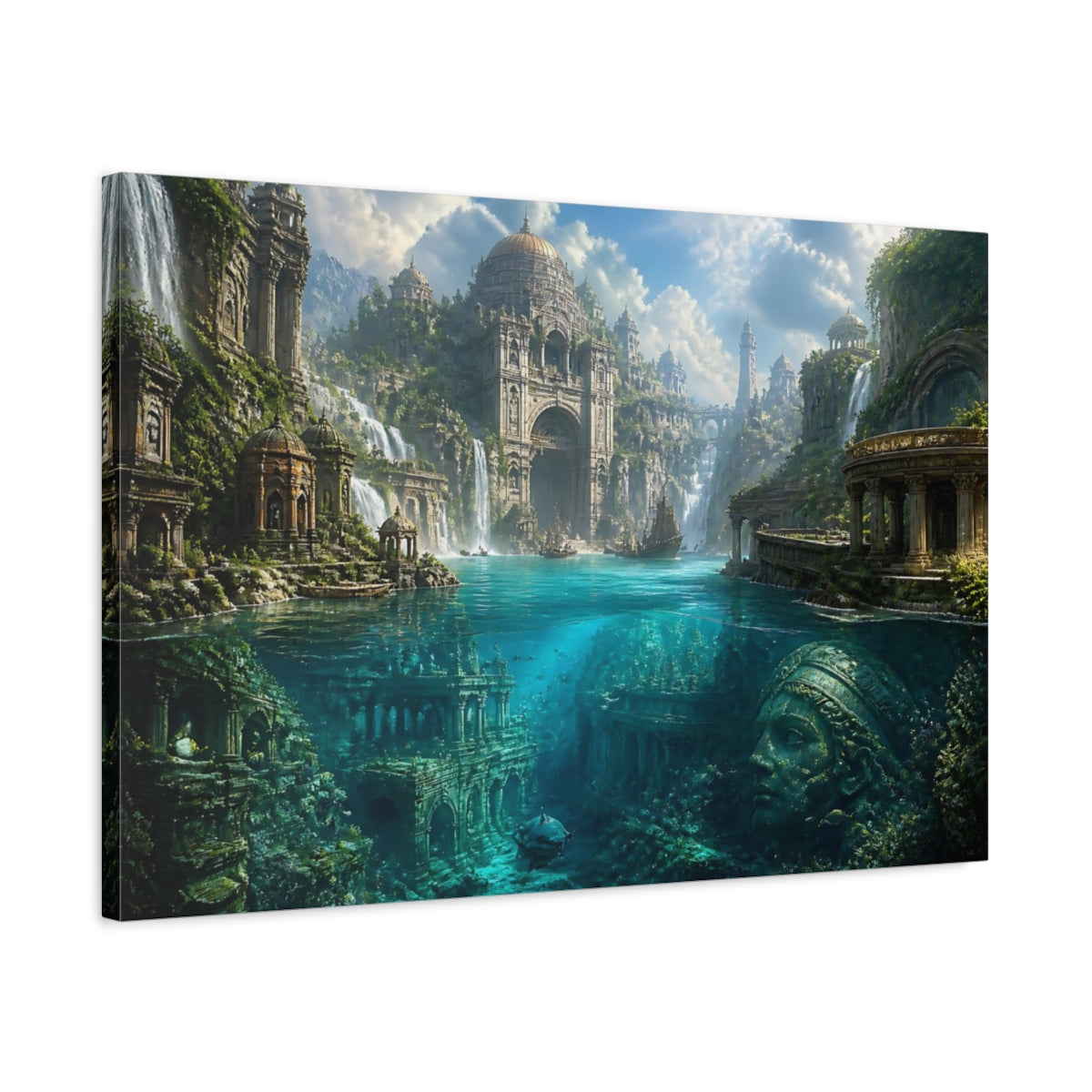 Side Mockup 2. Sunlit Underwater City Ruins shown as canvas print