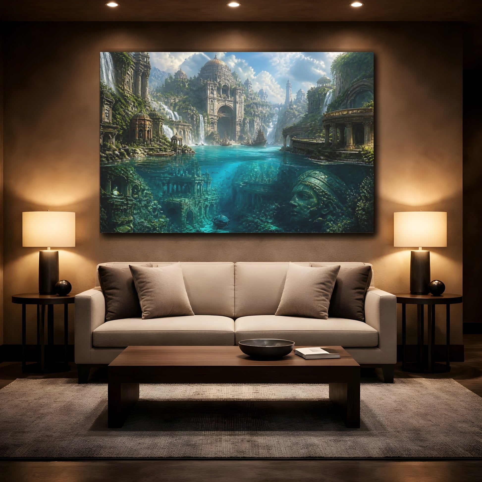 Mockup 2. Sunlit Underwater City Ruins shown as canvas print
