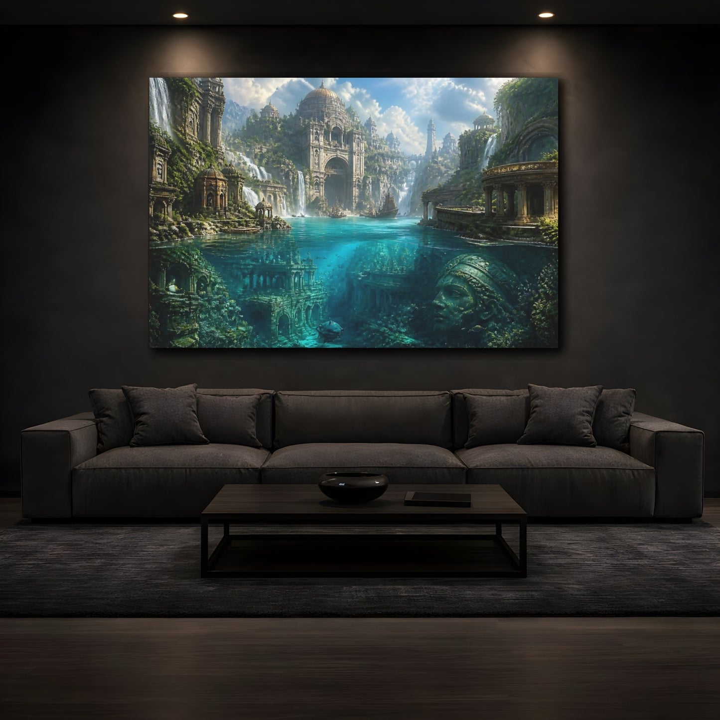 Mockup 3. Sunlit Underwater City Ruins shown as canvas print