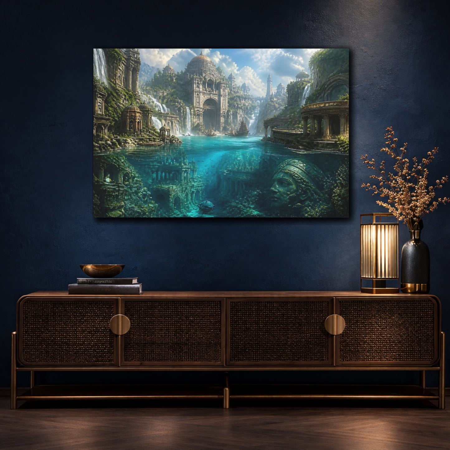 Mockup 4. Sunlit Underwater City Ruins shown as canvas print