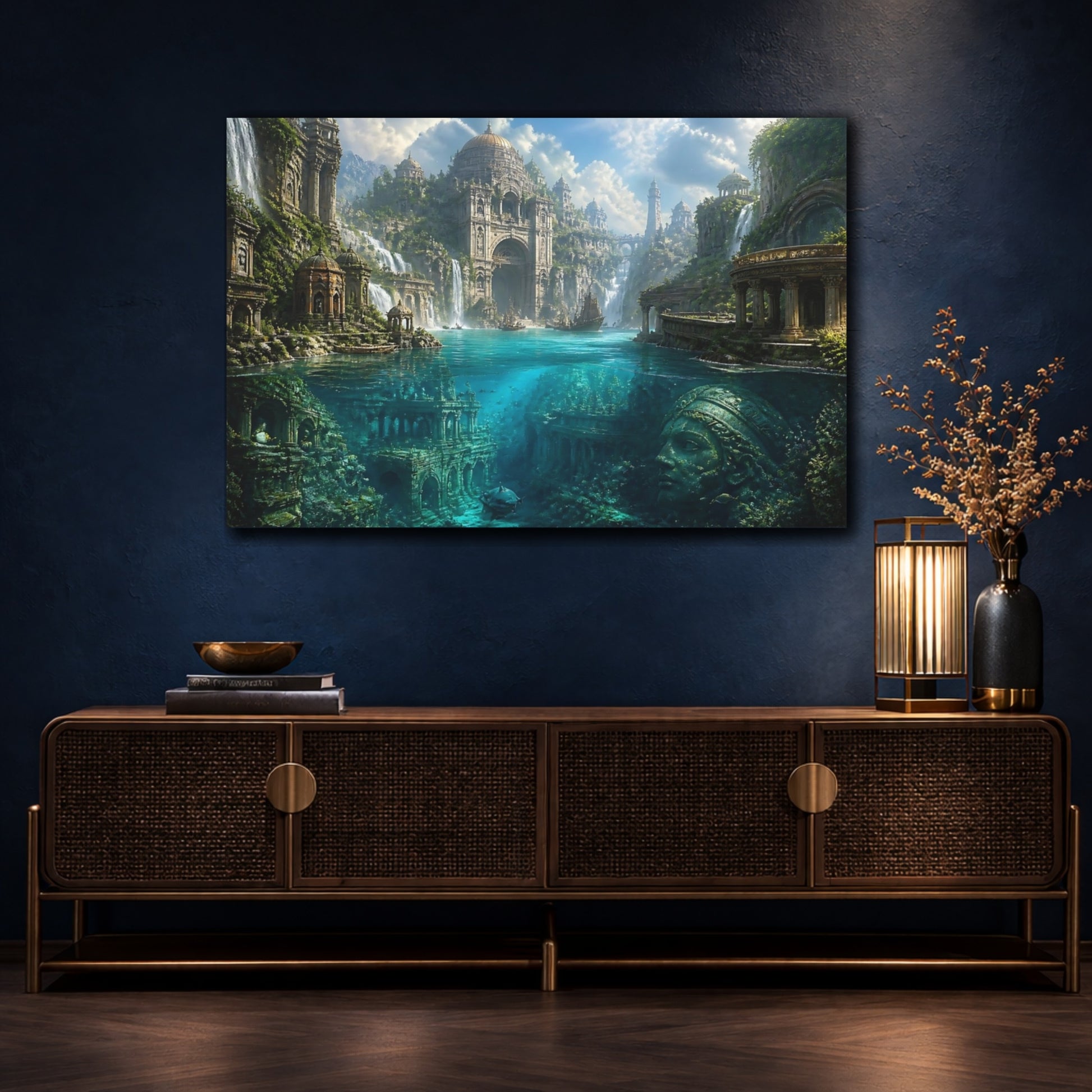 Mockup 4. Sunlit Underwater City Ruins shown as canvas print