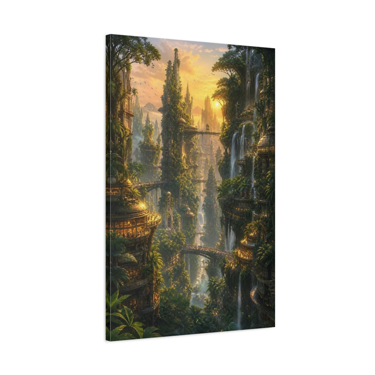 Main Mockup. Sunlit Vertical City shown as canvas print