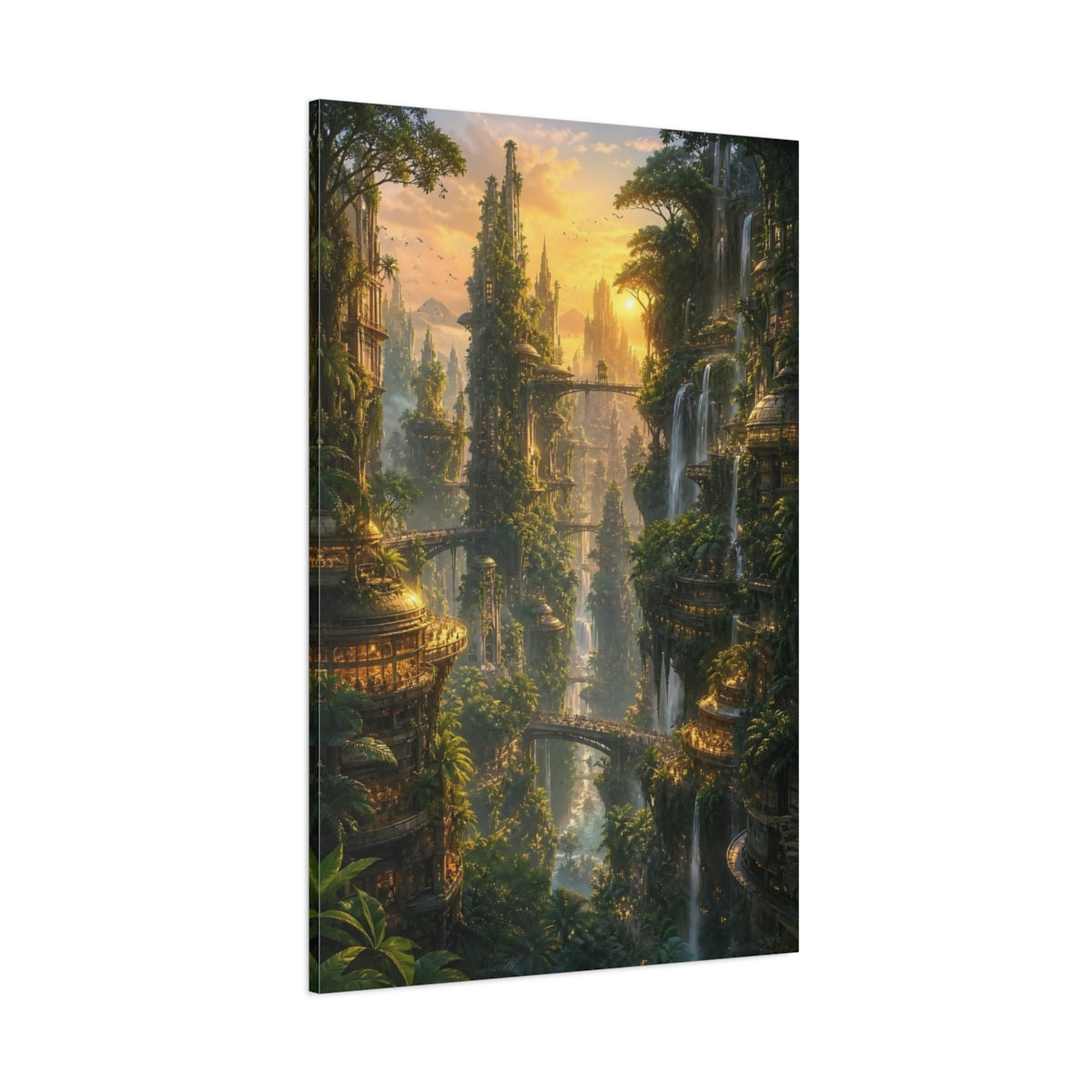 Side Mockup 1. Sunlit Vertical City shown as canvas print