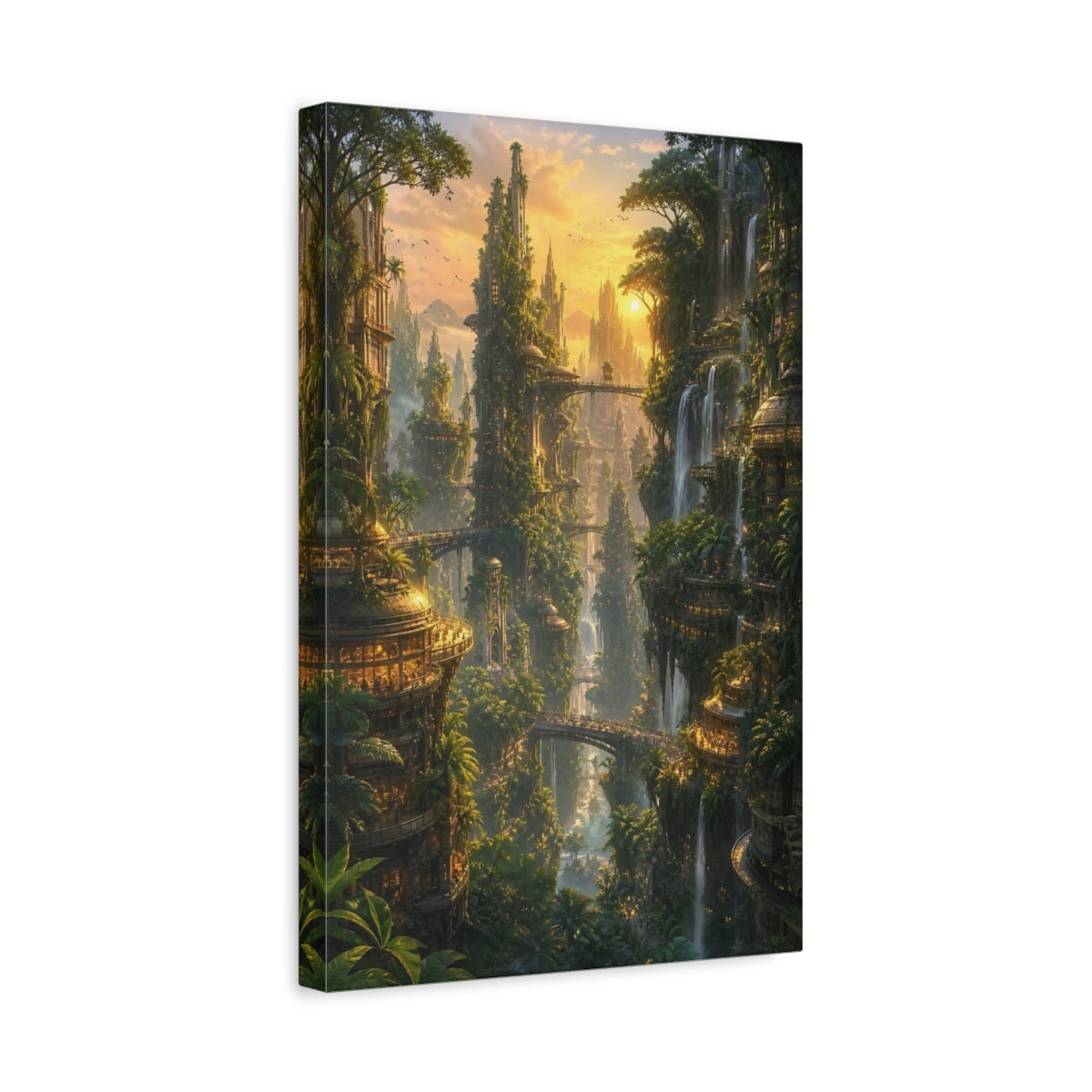 Side Mockup 4. Sunlit Vertical City shown as canvas print