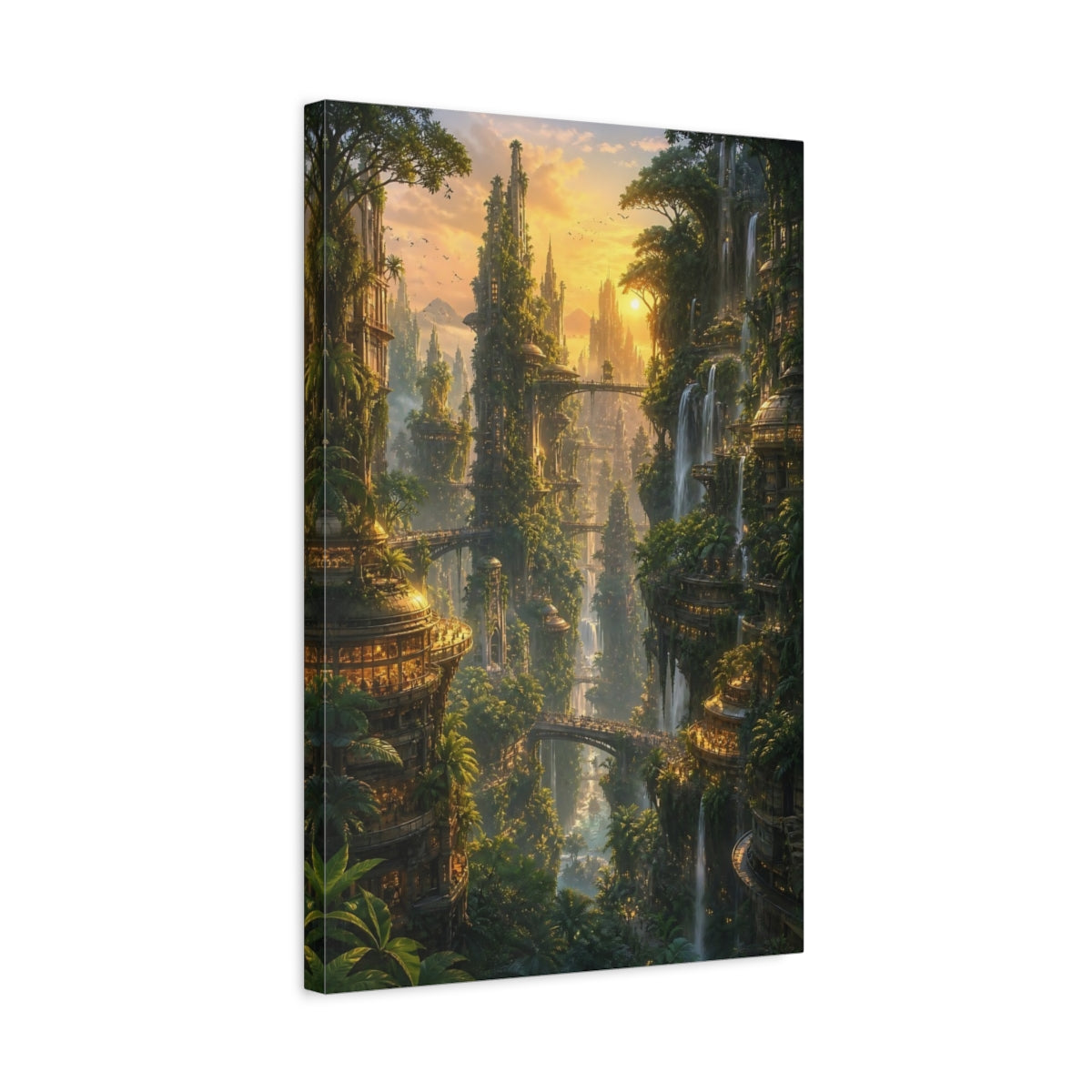 Side Mockup 3. Sunlit Vertical City shown as canvas print