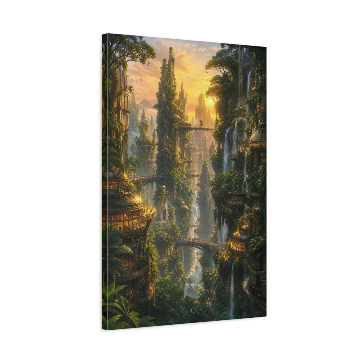 Side Mockup 2. Sunlit Vertical City shown as canvas print