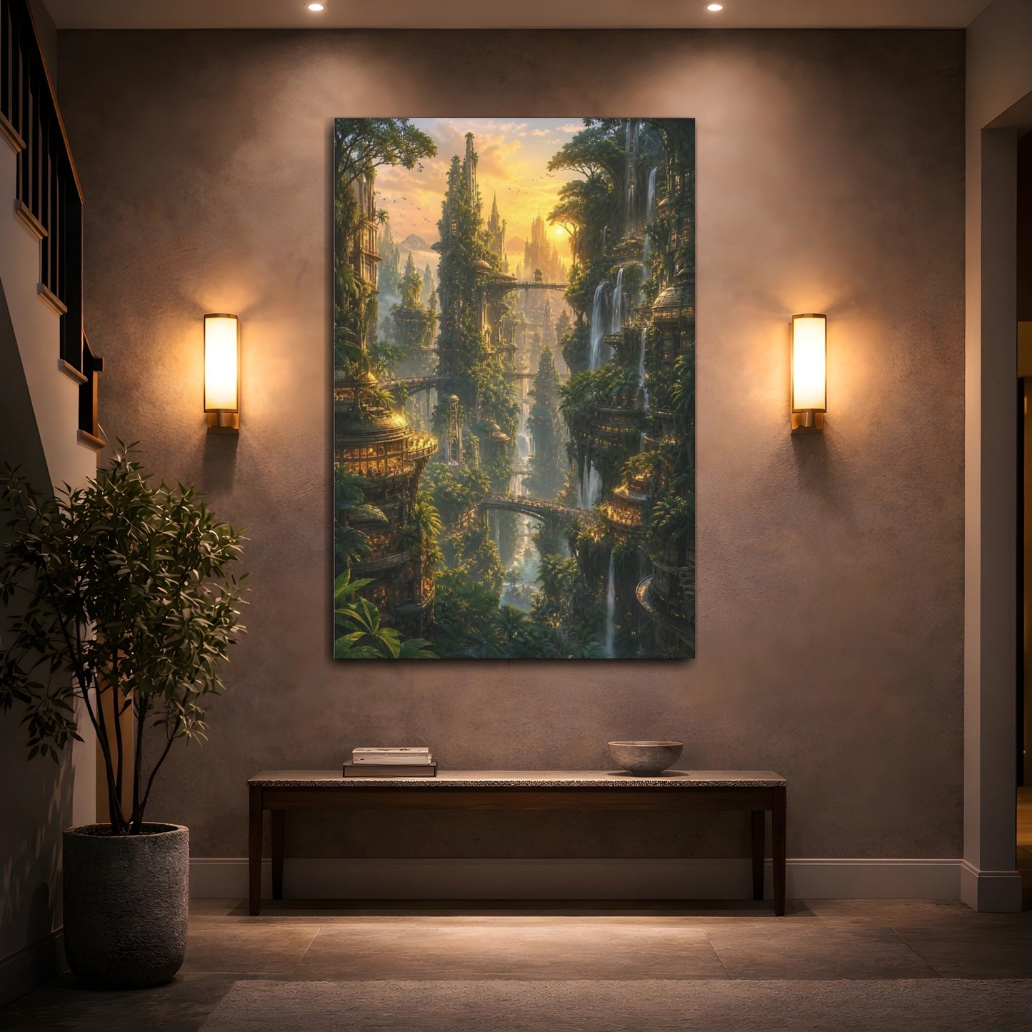 Mockup 2. Sunlit Vertical City shown as canvas print