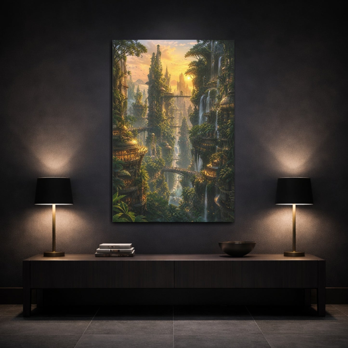 Mockup 3. Sunlit Vertical City shown as canvas print