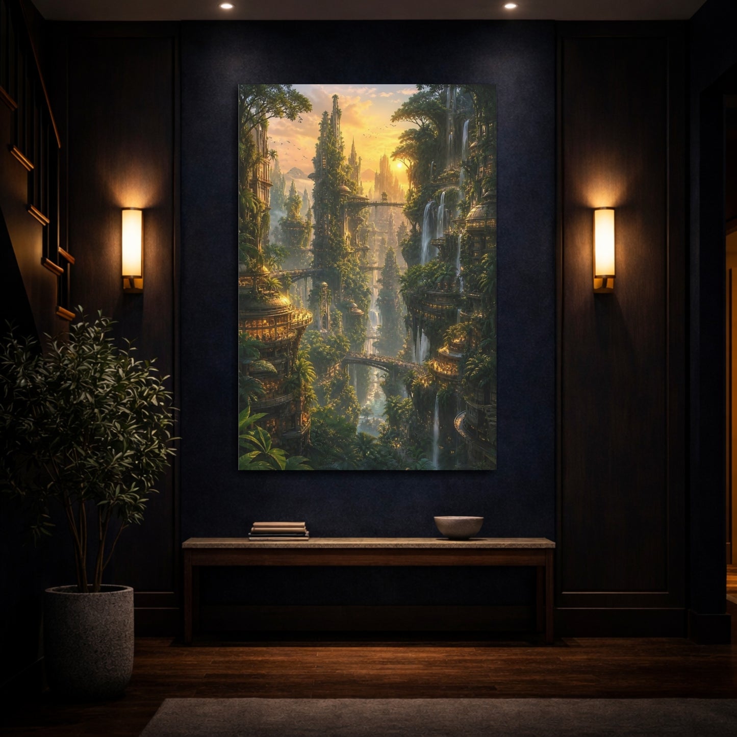 Mockup 4. Sunlit Vertical City shown as canvas print