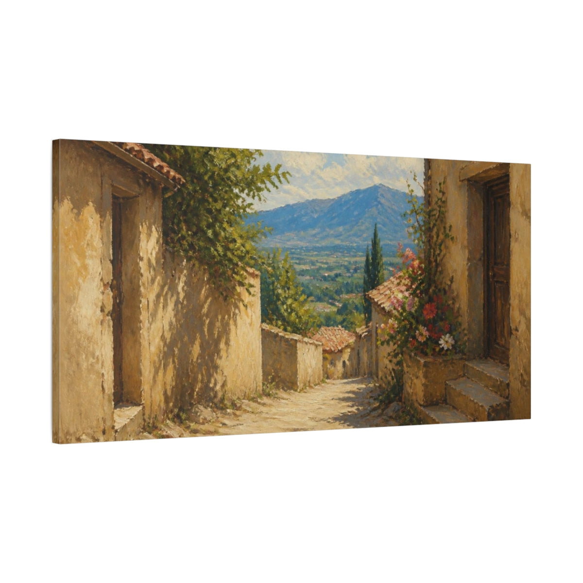 Main Mockup. Sunlit Village Alley shown as canvas print