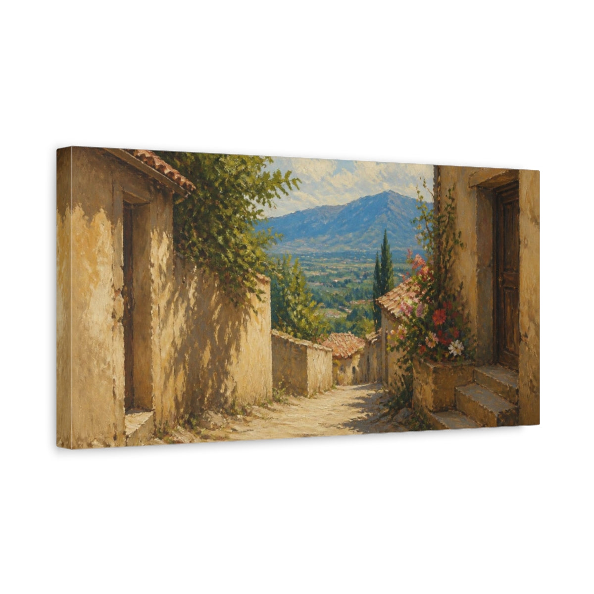 Side Mockup 3. Sunlit Village Alley shown as canvas print
