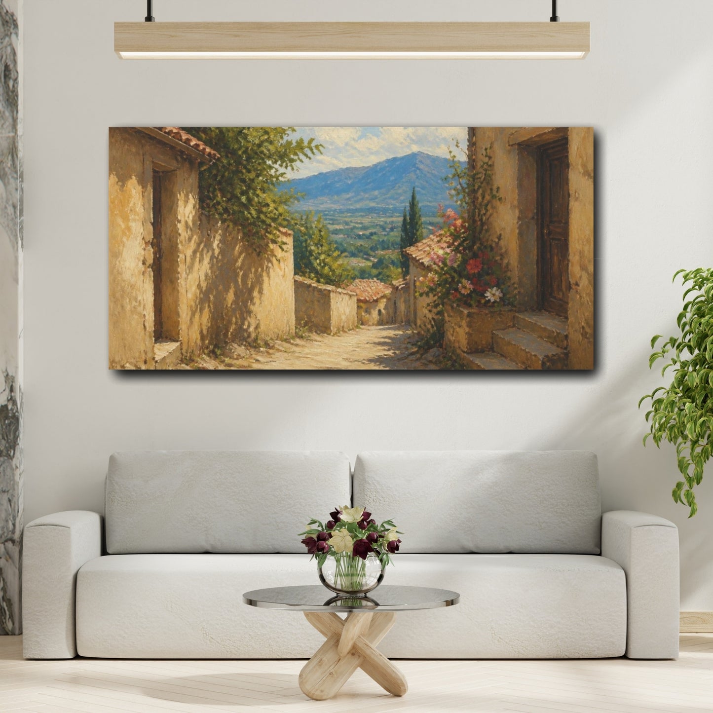 Mockup 2. Sunlit Village Alley shown as canvas print