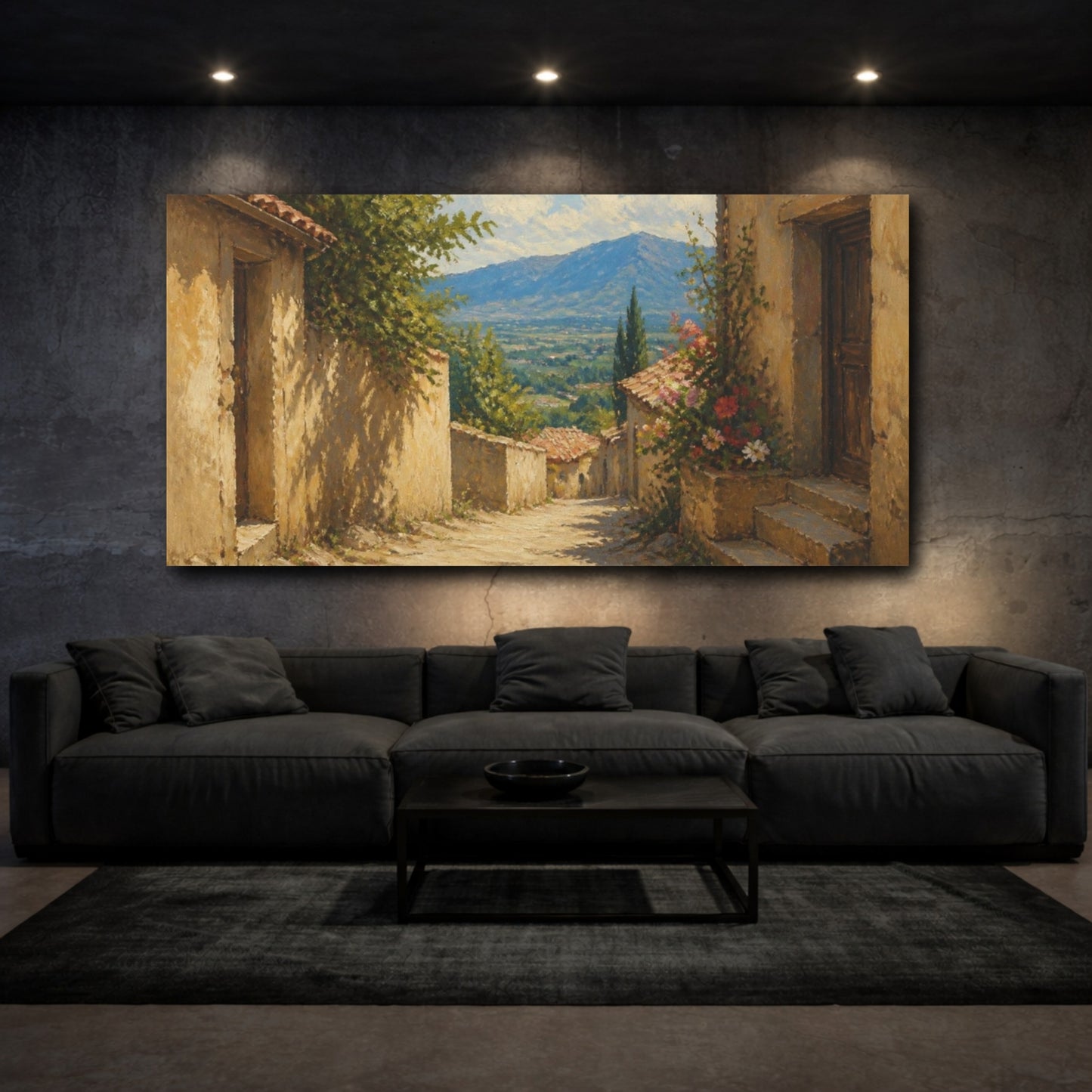 Mockup 3. Sunlit Village Alley shown as canvas print