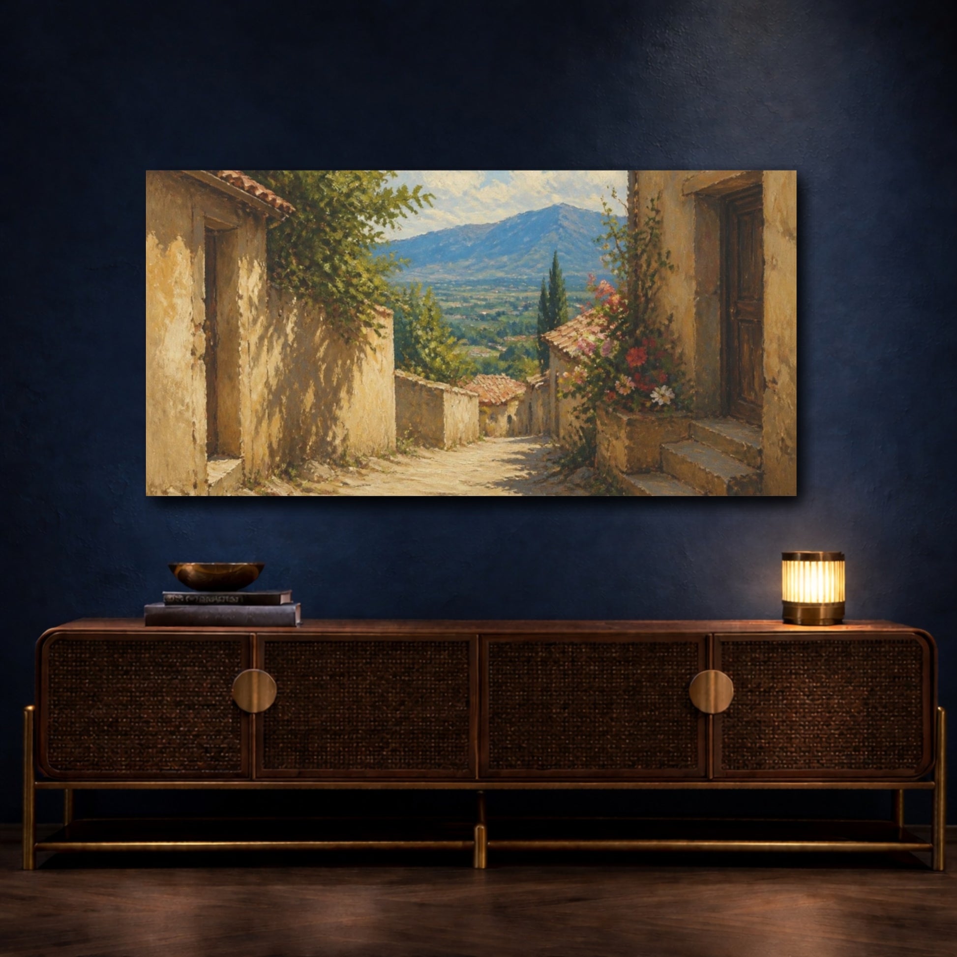 Mockup 4. Sunlit Village Alley shown as canvas print