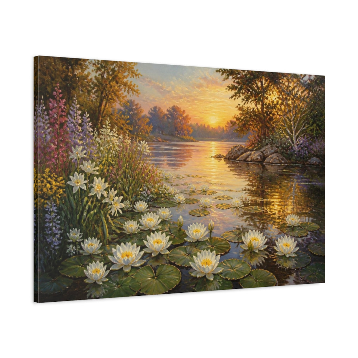 Main Mockup. Sunlit Water Lilies shown as canvas print
