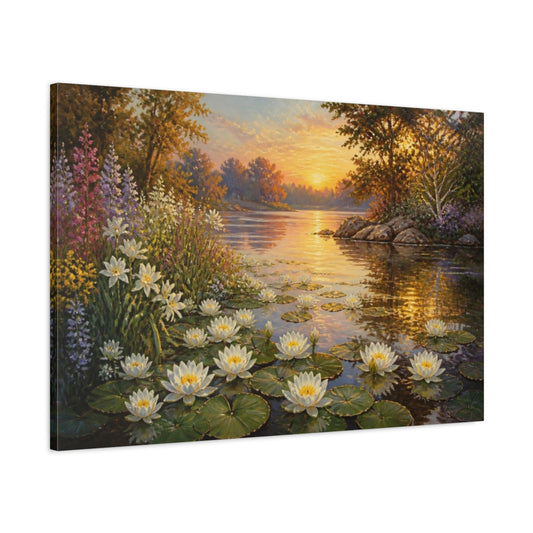 Main Mockup. Sunlit Water Lilies shown as canvas print