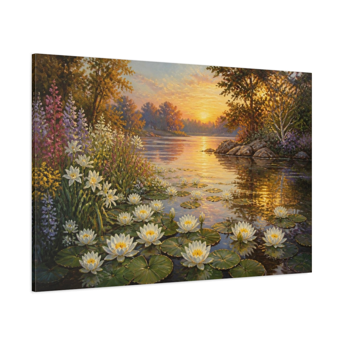 Side Mockup 1. Sunlit Water Lilies shown as canvas print