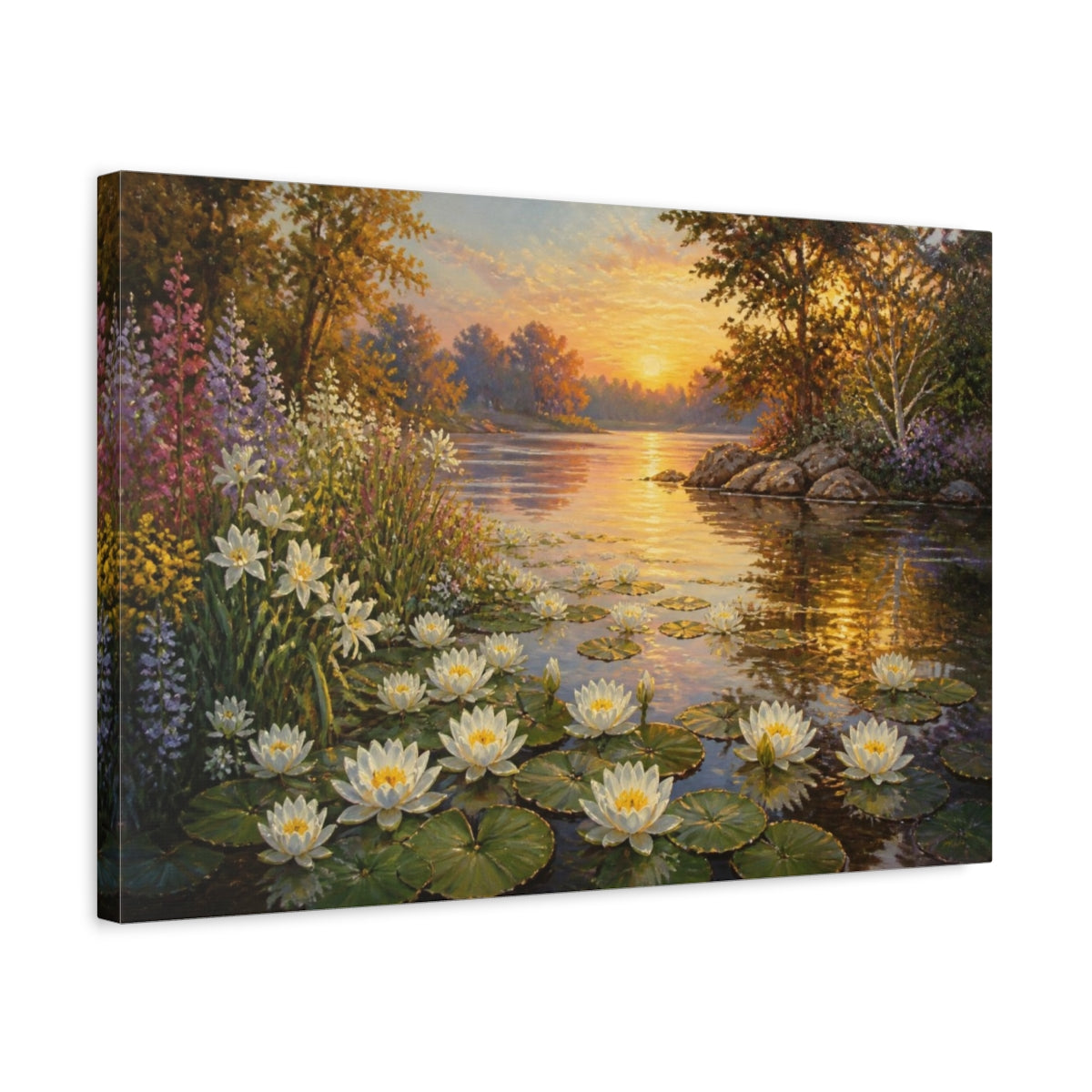 Side Mockup 3. Sunlit Water Lilies shown as canvas print