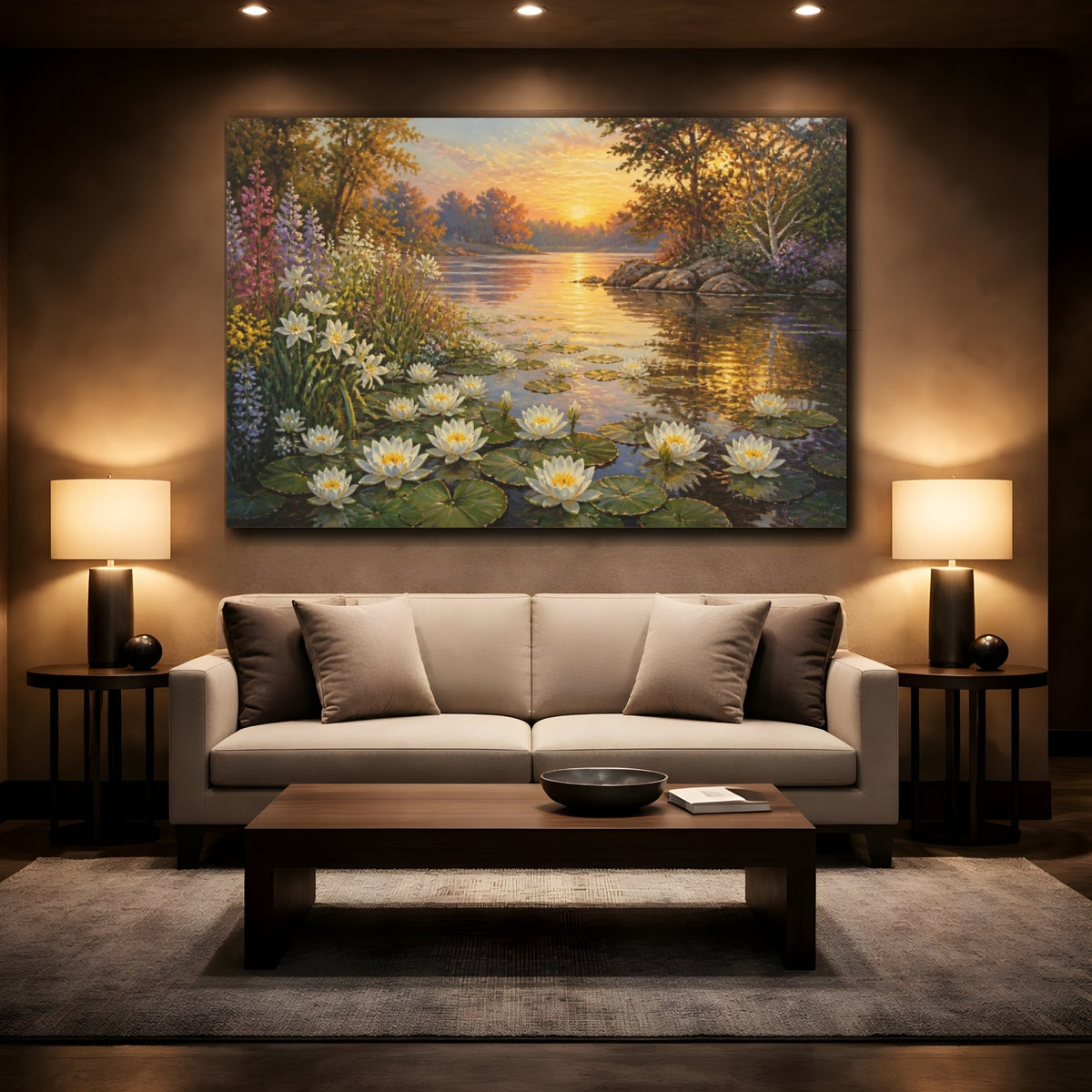 Mockup 2. Sunlit Water Lilies shown as canvas print