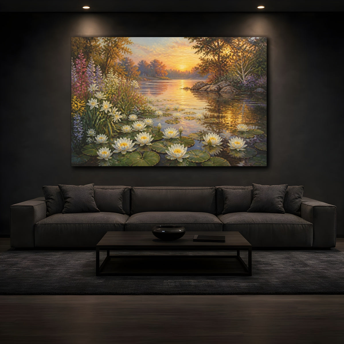 Mockup 3. Sunlit Water Lilies shown as canvas print