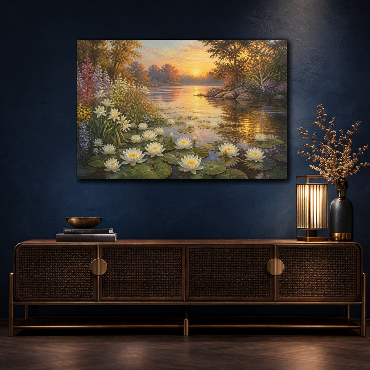 Mockup 4. Sunlit Water Lilies shown as canvas print