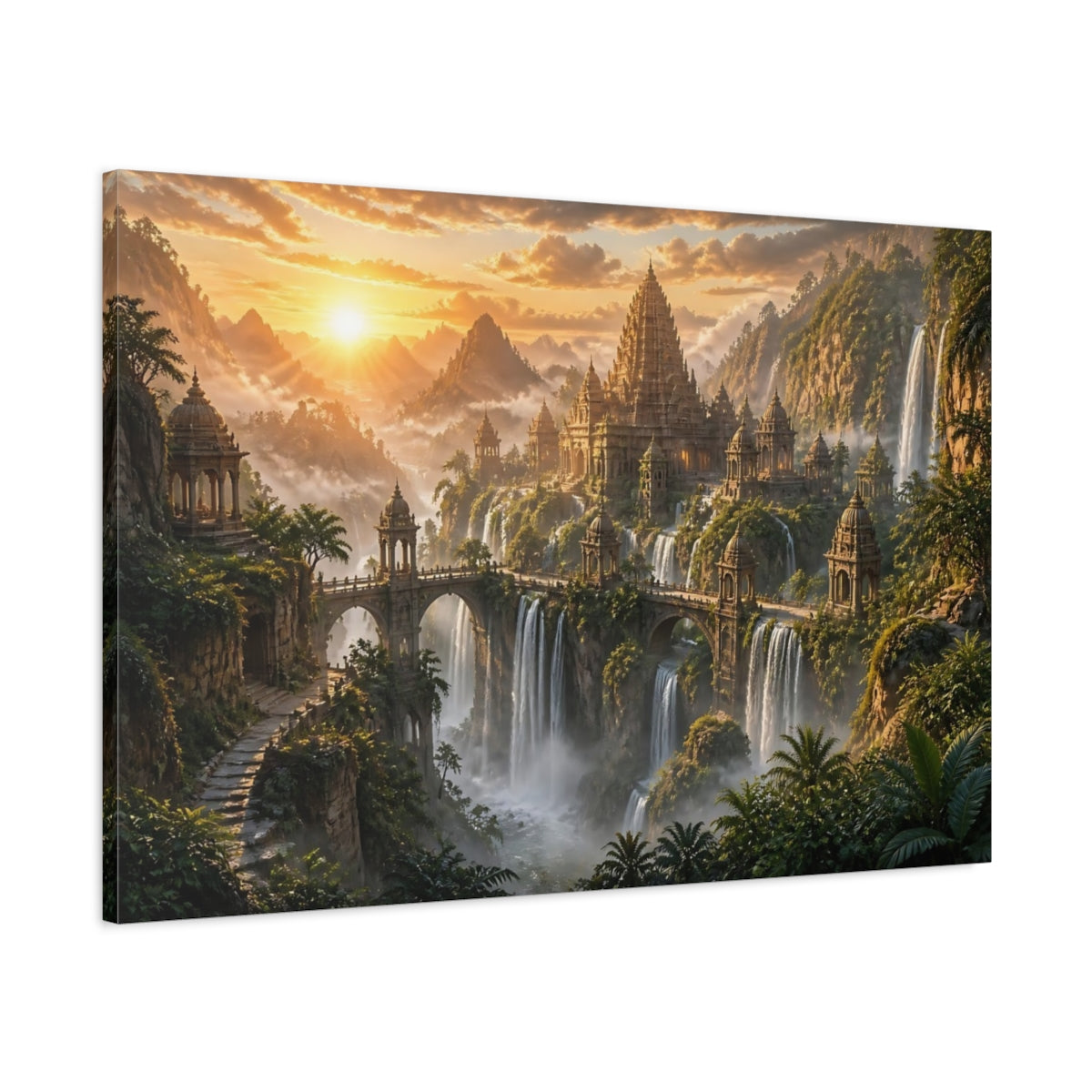 Main Mockup. Sunlit Waterfall Temple shown as canvas print