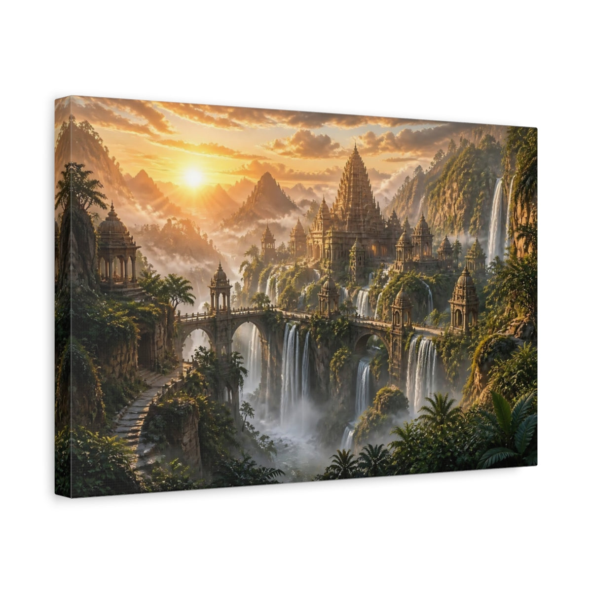 Side Mockup 4. Sunlit Waterfall Temple shown as canvas print